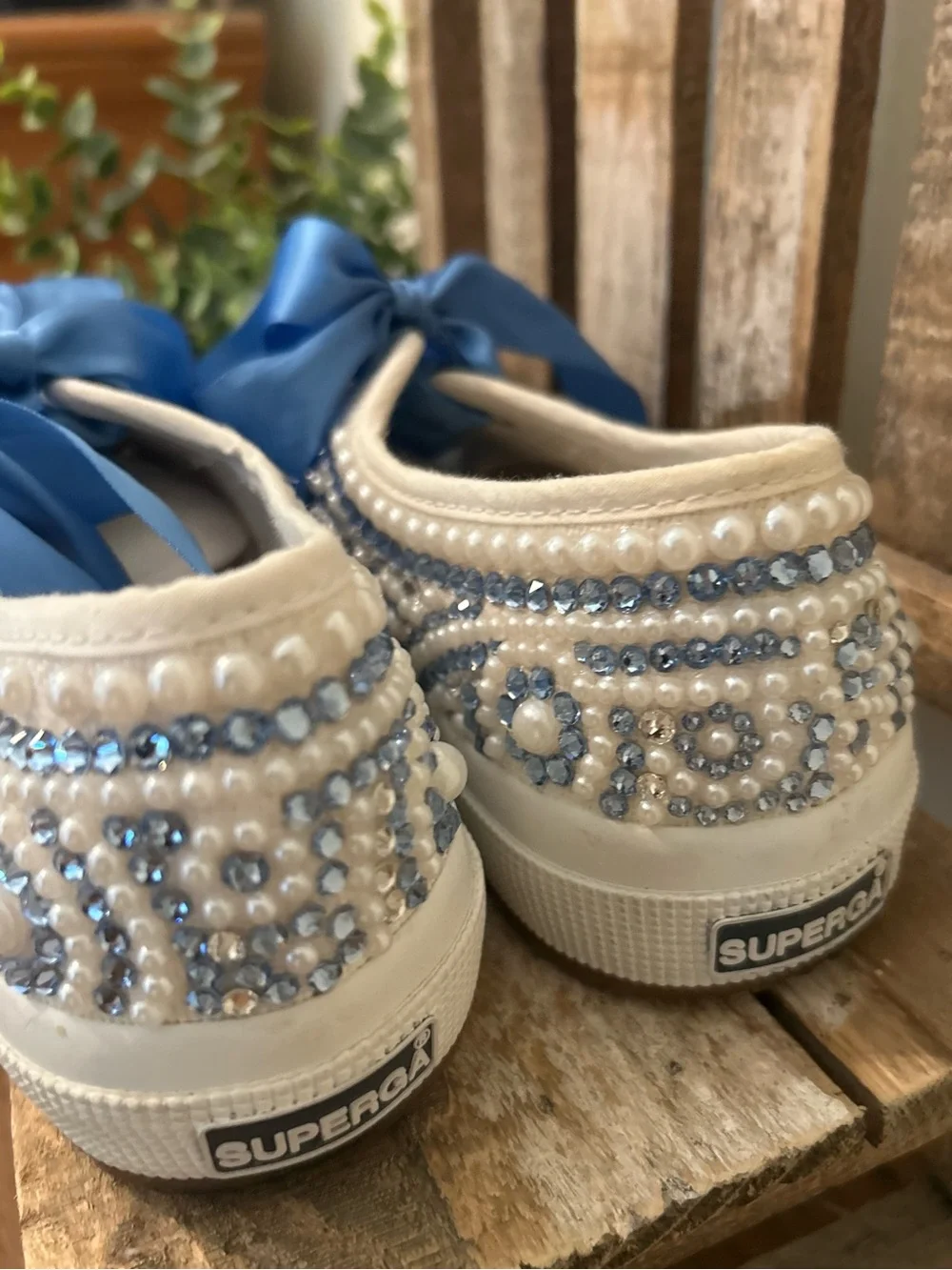Custom Superga Sneakers: Pearl and Blue Rhinestones Size EUR 37.5 US 7